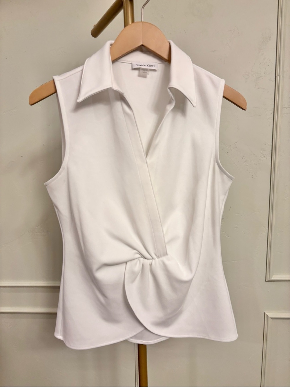 Calvin Klein Sleeveless Tank Top White Draped Collar Top MSRP $79
